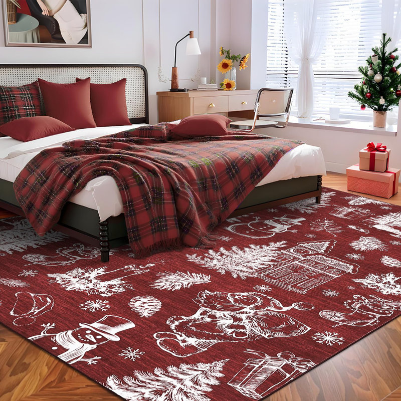 8x10ft Washable Christmas Stain-Resistant Foldable Low Pile Floor Mats Xmas Printed Carpets Soft Non Shedding Rugs