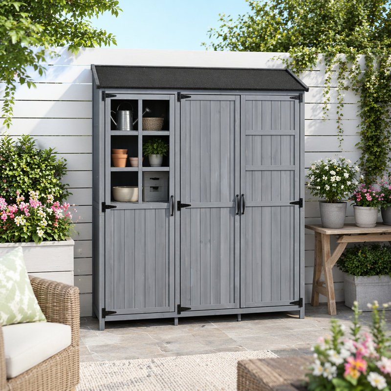 Grande remise de jardin avec toit imperméable et poste de travail, Gris