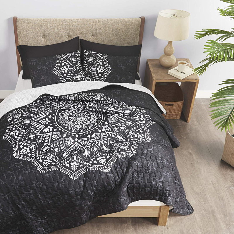 Ensemble de courtepointe en microfibre noire 3 pièces, Courtepointe grand lit + 2 taies d'oreiller standa