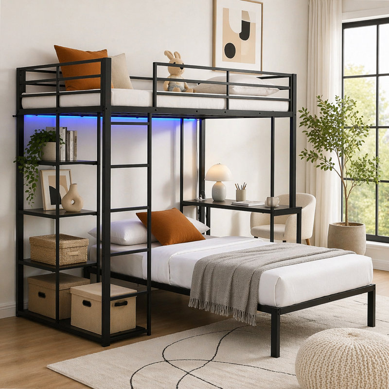 Structure de lit mezzanine en métal avec bande lumineuse à DEL, tablettes de rangement latérales et bureau intégré, lit superposé en métal de taille double / simple, dortoir, appartement, chambre d'amis