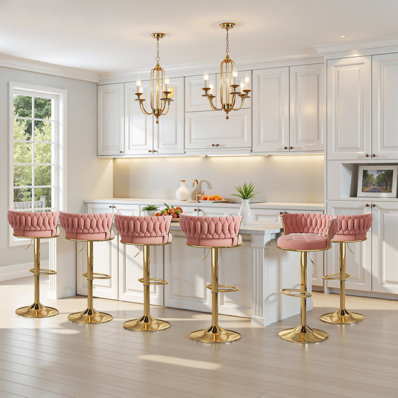 6 Pcs Upholstered Bar Stools With Woven Backrest, Height Adjustable Counter Stools Set Of 6, Swivel Kitchen Stools, Pink