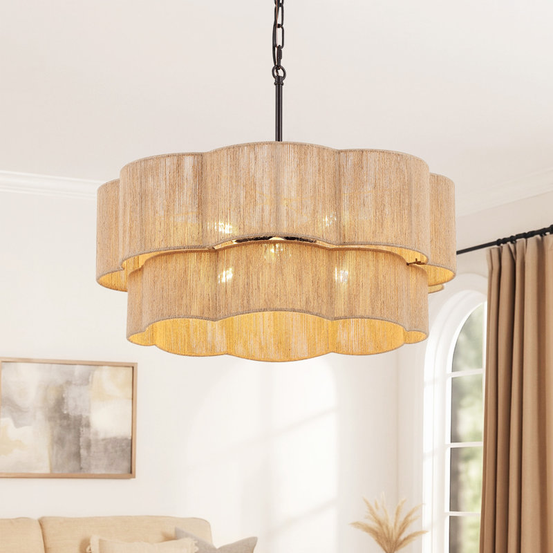 23.2" 6-Light Scalloped Rope Drum Chandelier, Bronze, Brown