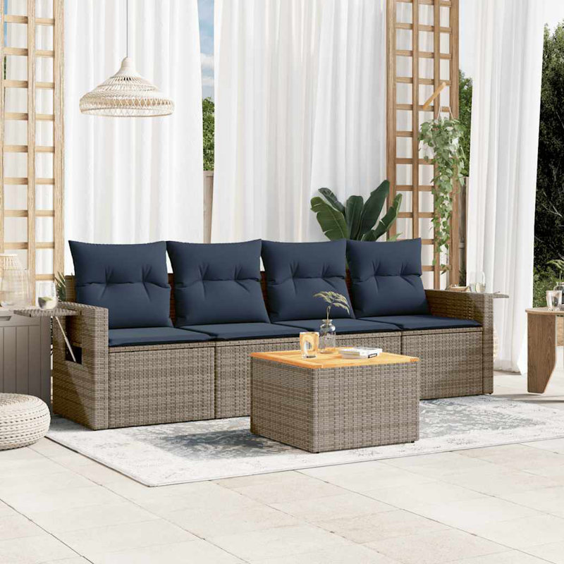 Vidaxl 5 Piece Patio Sofa Set With Cushions Poly Rattan, Gray, Dark Blue