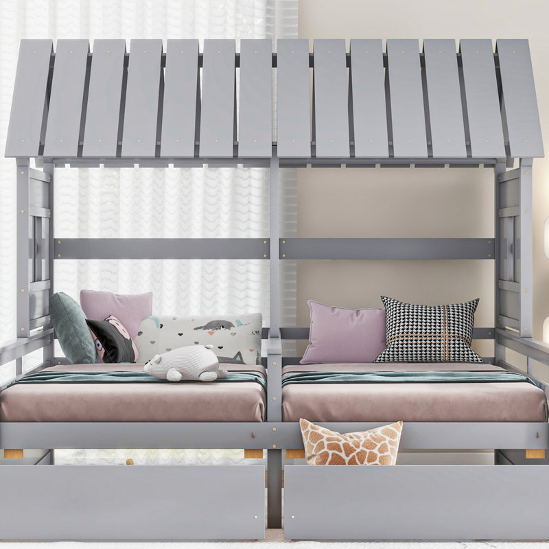 Lit plateforme simple avec deux tiroirs, combinant sécurité, rangement et espièglerie, Gris