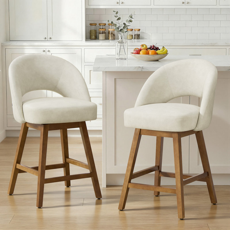 26.4" Swivel Counter Bar Stool With Pocket Spring Seat & Solid Rubberwood Frame, Cutout Arched Back, Off White