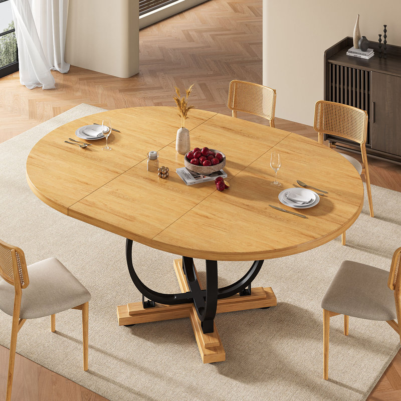  59”extendable Round Dining Table For 4-8 ,dining Room Table With X-shaped Heavy Duty Metal Base,thickened Mdf Board,modern Kitchen Dining Table,space Saving,black
