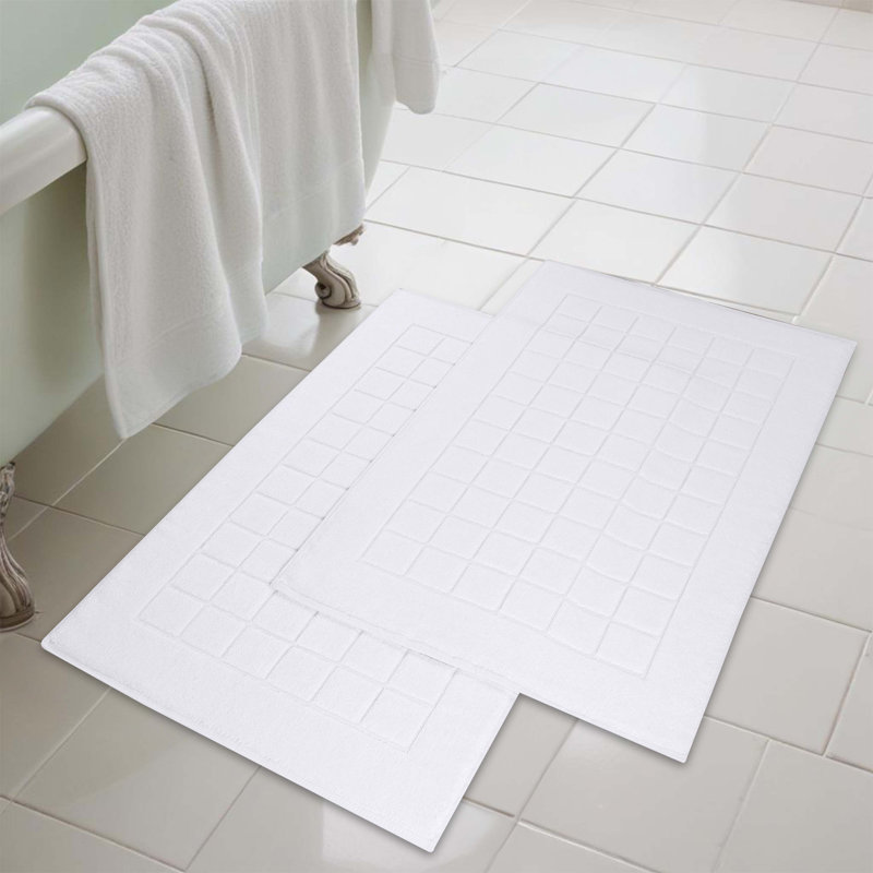 Nora White Cotton Checkered Absorbent Bath Mat Set of 2