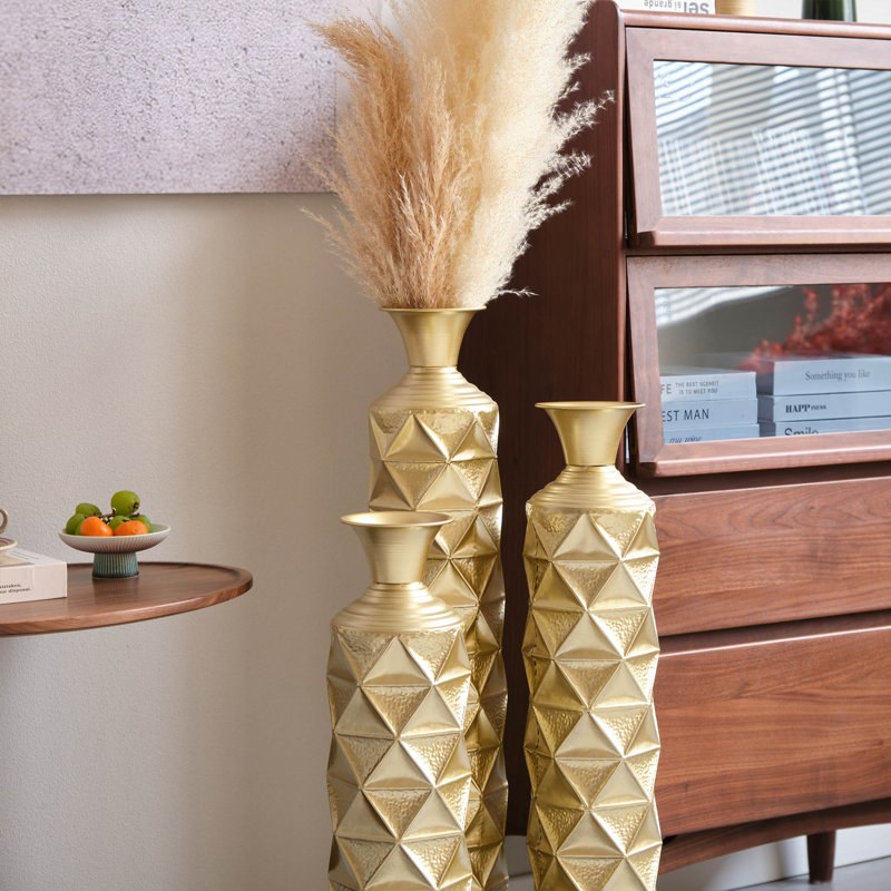 Medhansh Metal Floor Vase, Tall Large Floor Vase with Glittering Triangle Prism Design (Set of 3)