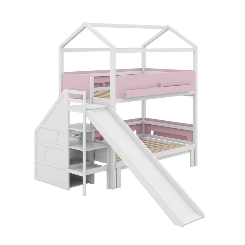 Lit superposé, en forme de maison avec glissière et escalier de rangement, structure robuste, Blanc + rose