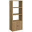 Tour média en bois d'ingénierie à 3 tablettes de couleur manguier, présentoir ouvert pour photos et œuvres d'art, armoire dissimulée pour ranger des objets aux extrémités, tablettes arrière affichant des photos, cachette à deux portes