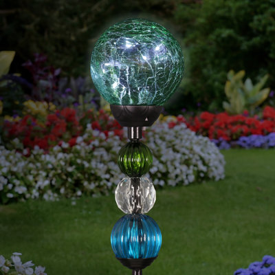 Exhart Solar Crackle Glass Ball Garden Stake with Six LED lights and Bead Details, 4 by 30 Inches
