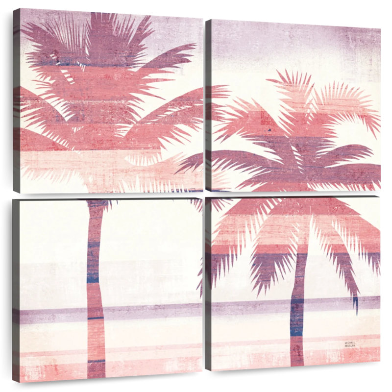 Harnek, paysage de plage, palmiers, rose, mauve, H 32 po x l 32 po