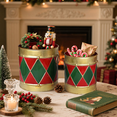  Set of 2 Christmas Metal Drum Buckets -Vintage Christmas Decorative Containers Festive Buckets & Storage for Plants, Ornaments, Candies, Tabletop, Mantel & Holiday Home Decor