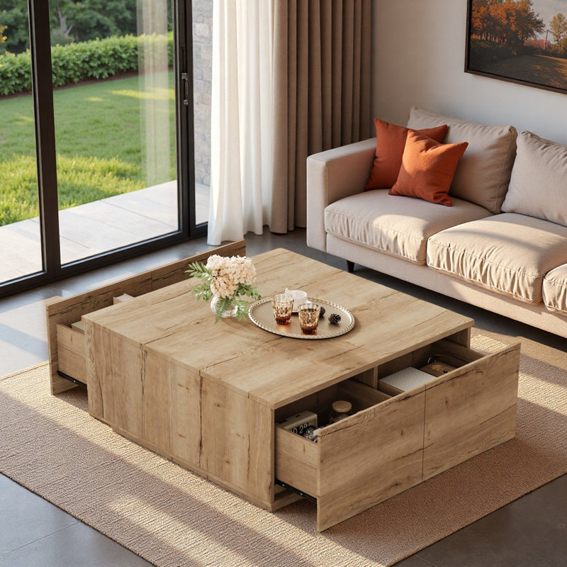 Table basse moderne carrée avec 4 tiroirs, Natural