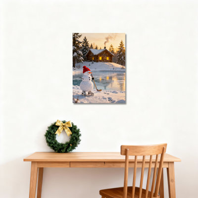 «Snowman Winter Cabin», art mural sur toile