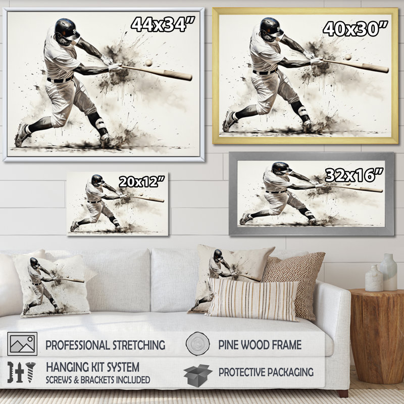 Alaynie Baseball Minimal Swing II - Sport Baseball, art mural, H 12 po x l 20 po, Toile tendue, Sans cadre