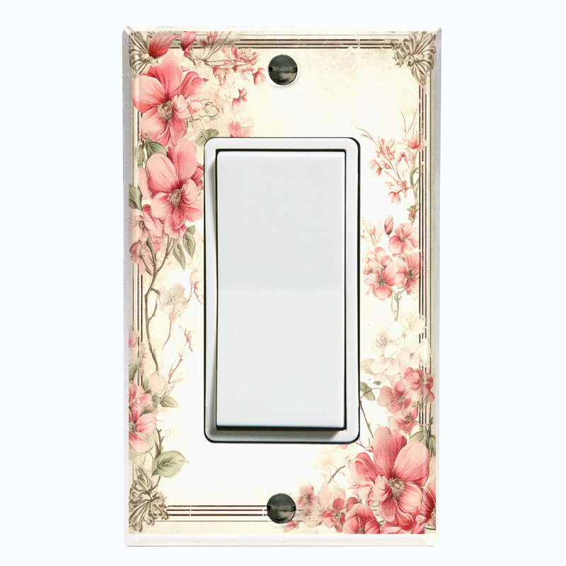 Metal Light Switch Plate Outlet Cover (Pink Flower White - Single Rocker)