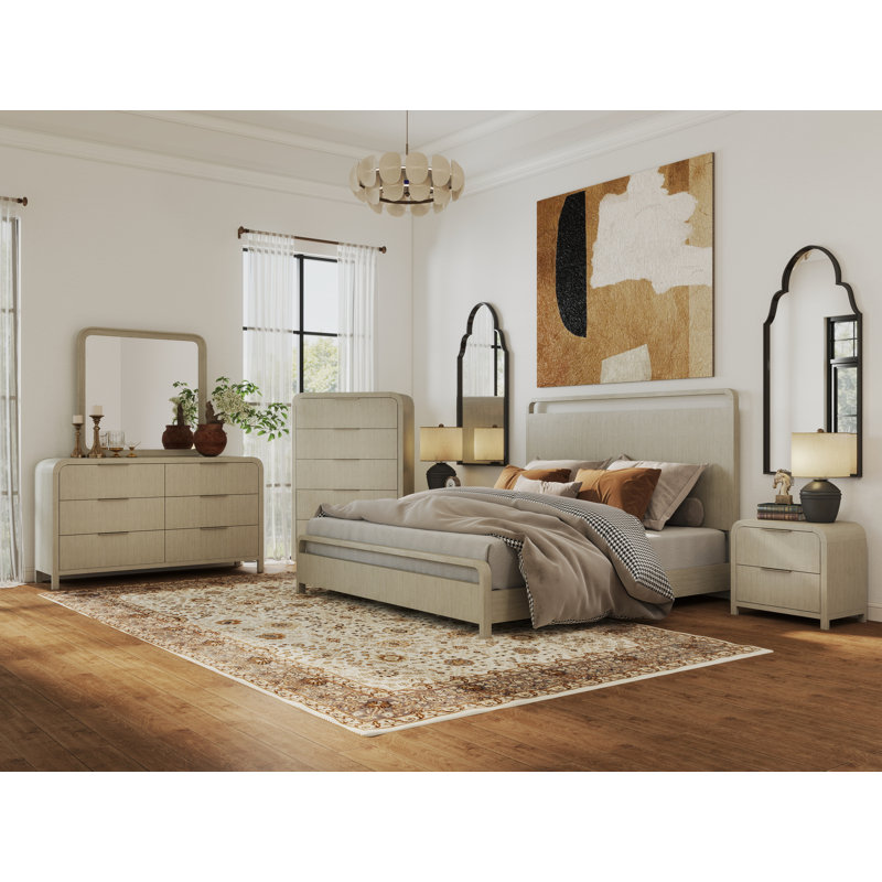 Ensemble de chambre à coucher 6 pièces avec lit à panneaux, commode, miroir, deux tables de chevet et commode Croskey en gris clair, très grand Croskey