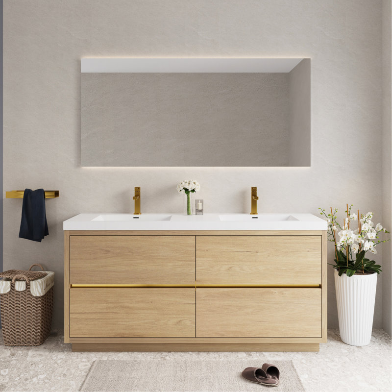 Meuble-lavabo autoportant 72 po avec double vasque, meuble-lavabo avec comptoir en résine de pierre et tiroirs à fermeture en douceur, chêne naturel