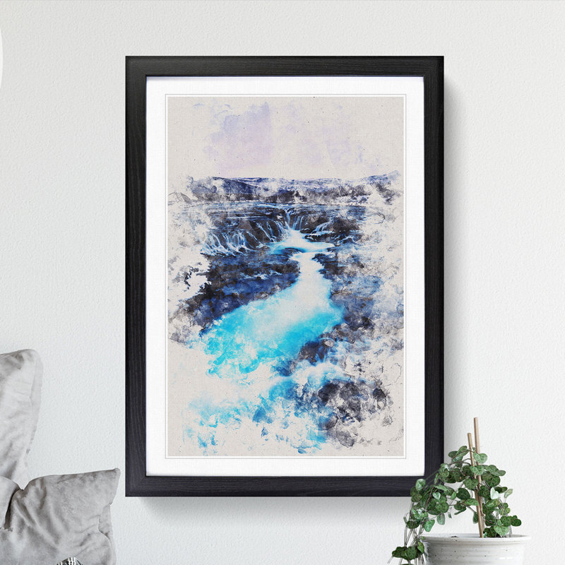 Winter Waterfall in Iceland Watercolour - Picture Frame Graphic Art, 36cm H x 27cm W x 2cm D, Black