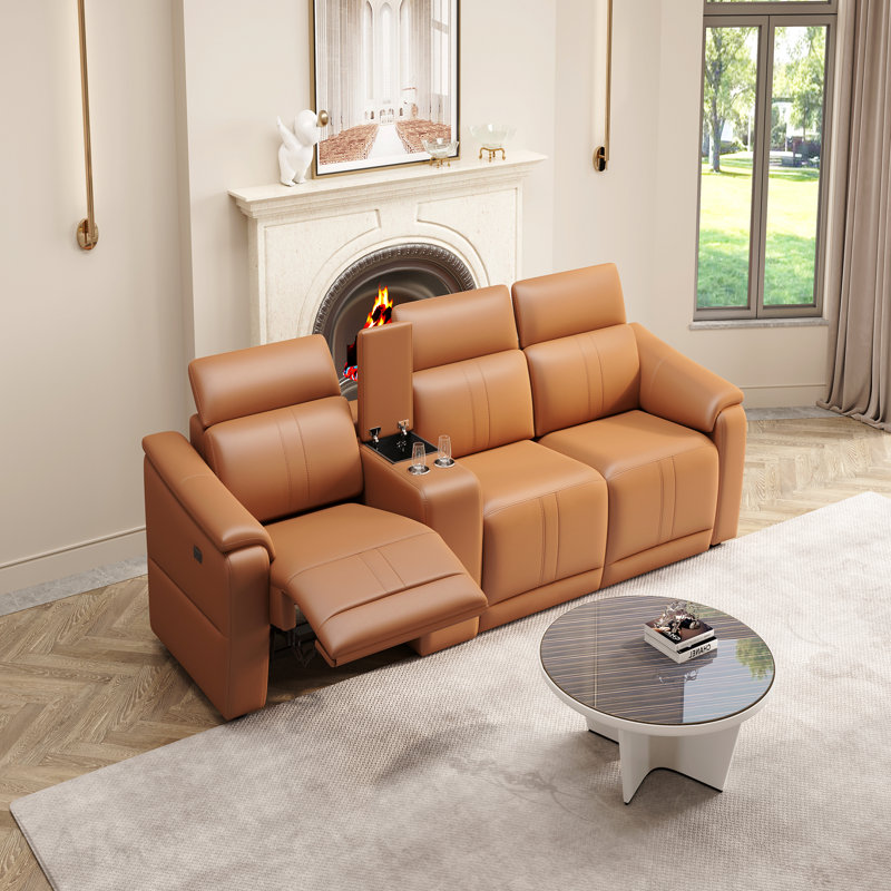 Canapé modulaire en cuir 4 pièces avec 2 porte-gobelets, canapé modulaire confortable pour le salon, brun, Brun