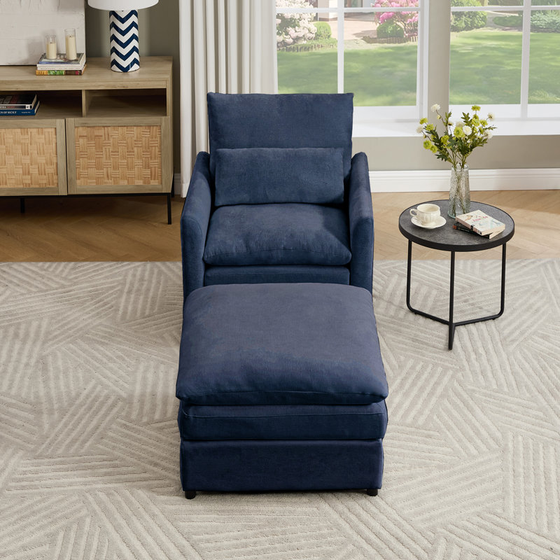 32.5''W Modern Upholstered Accent Chair With Ottoman, Blue