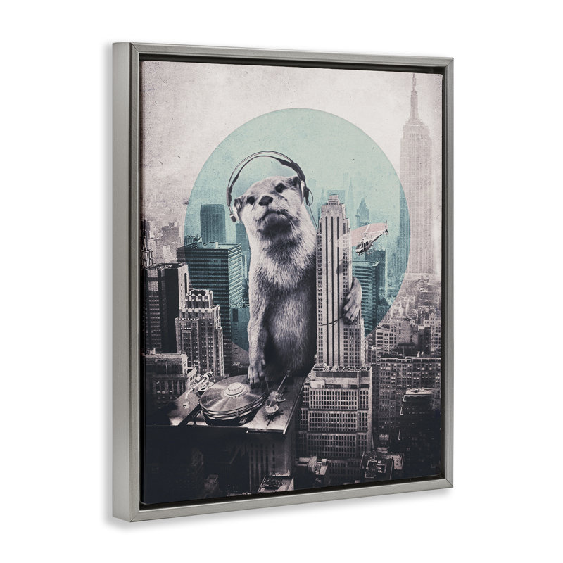 Cadre flottant sur un paysage urbain, la loutre, par Ali Gulec, H 31 po x l 25 po, Cadre flottant gris lustré