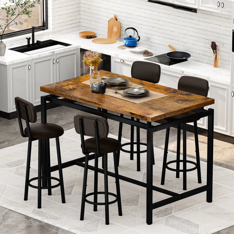 Rustic Farmhouse Style 5-Piece Dining Room Table Set With 4 Faux Leather Upholstered Bar Stools, Space-Saving Design 4-Person Dining Table Set With MDF Table Top And Sturdy Metal Frame, Adjustable Foot Pads, For Dining Room, Kitchen, Bar