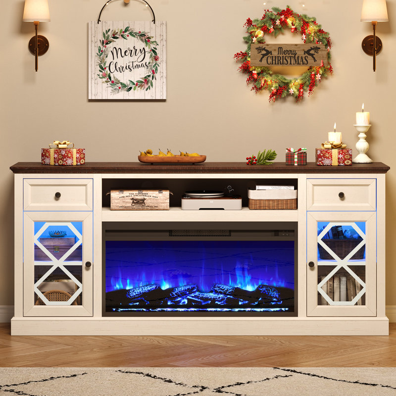 70" Fireplace TV Stand with Diamond Door &LED, White, White/Brown Wood