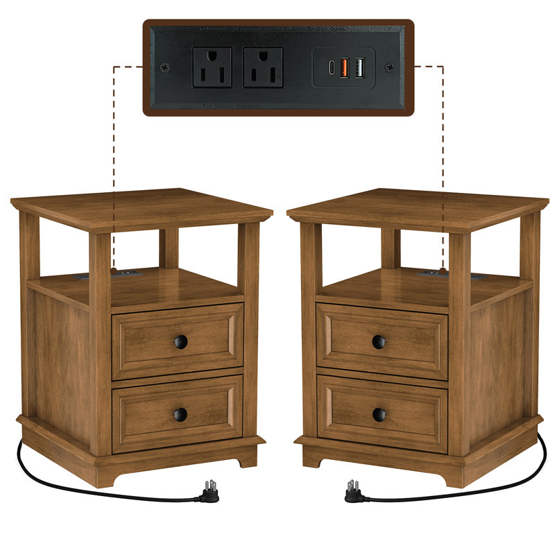Azella Frame 2 End Table Set with Storage and Built-In Outlets, Chestnut Brown