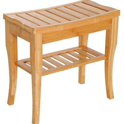 Long Bamboo Shower Bench Seat, 20" Wooden Spa Shower Stool with Underneath Storage Shelf Shoe