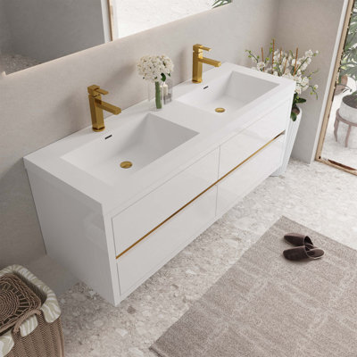 Meuble-lavabo mural avec lavabo, armoire de rangement flottante avec comptoir et tiroirs à fermeture en douceur, idéal pour l'organisation et la commodité de la salle de bain