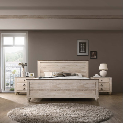 Ensemble de chambre à coucher 3 pièces avec très grand lit et deux tables de chevet au fini blanc délavé Imerland