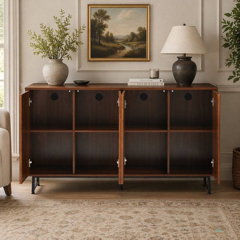 Mid-Century Modern Sideboard Buffet Cabinet, Geometric Carved Storage Cabinet With Metal Legs