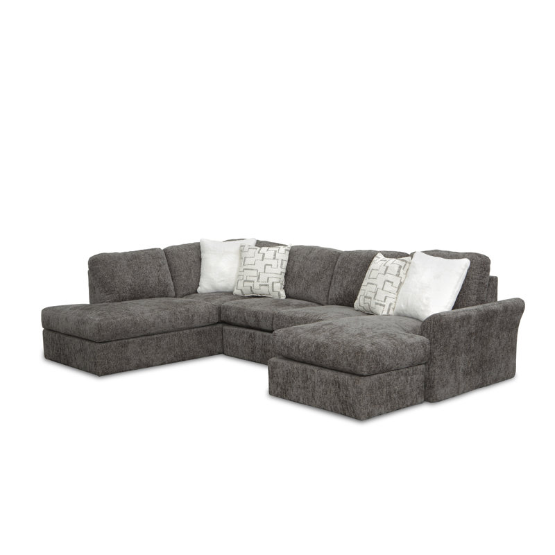U-Shaped Sectional Sofa with Double Chaise Lounges & Accent Pillows - Raquel Shark Fabric, Deep Cushion Seating