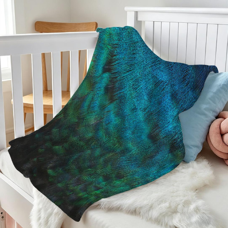Jeté en flanelle verte ultra douce, imprimé plumes de paon, Throw 30" x 40"