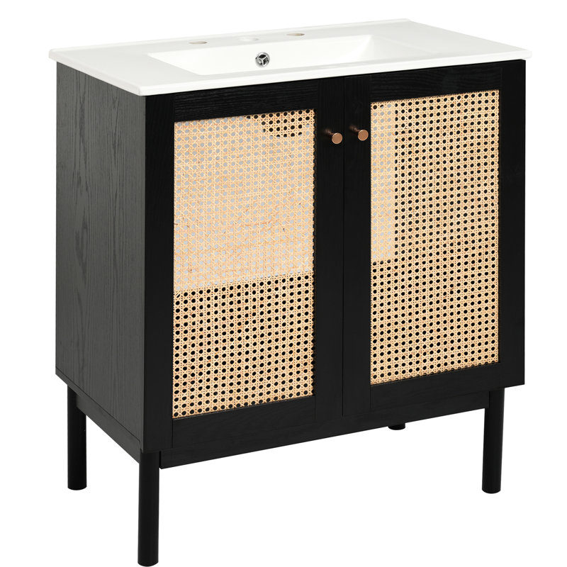 Meuble-lavabo de 30 pouces fabriqué en bois naturel avec protection anti-débordement et rangement facile à assembler