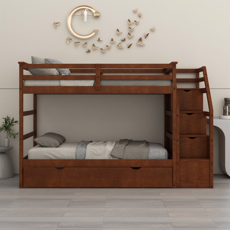 Janyll Kids Twin Over Twin Bunk Bed with Trundle, Walnut