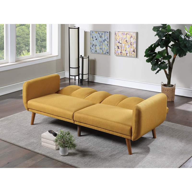 Mustard Faux Leather Tufted Sleeper Sofa with Wooden Legs