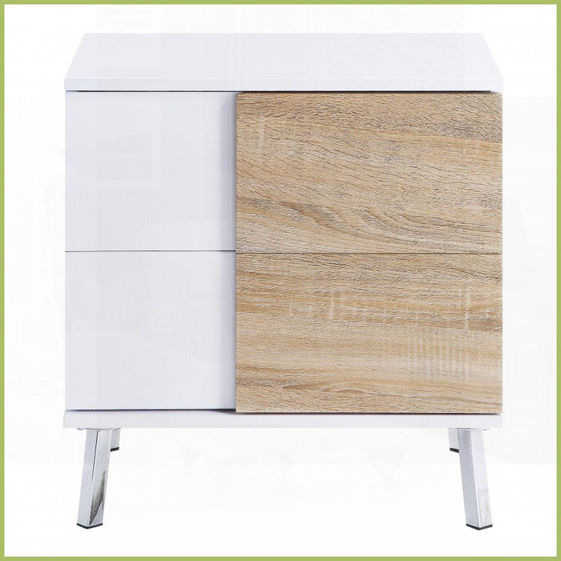 Blanc ultrabrillant Table basse naturelle pour le salon, 2 tiroirs avec arrêt de sécurité, conception compacte