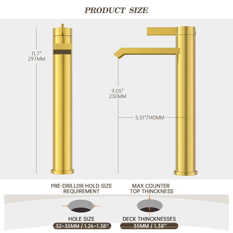 Robinet de lavabo vasque en laiton brossé or haut, robinet de lavabo monotrou monocommande à cascade au-dessus du comptoir