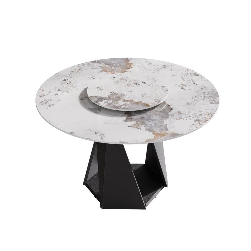 Table de salle à manger 53 po ronde en marbre avec base en fer noir, marbre artificiel pour 6 personnes, table tournante en pierre artificielle blanche 23,62 po (table de salle à manger seulement)