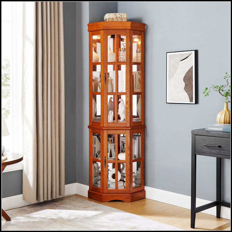 Vitrine d'angle avec 5 tablettes et éclairage intégré, parfaite pour exposer des objets de collection et maximiser l'espace