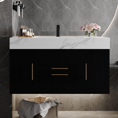 39.4" Bathroom Vanity With Sink, Multi-layer Solid Wood Plywood Cabinet, Ceramic Undermount Basin, Sintered Stone Countertop, Spacious Storage, Adjustable Drain Pipe Seamless Glazed Quiet Soft-close