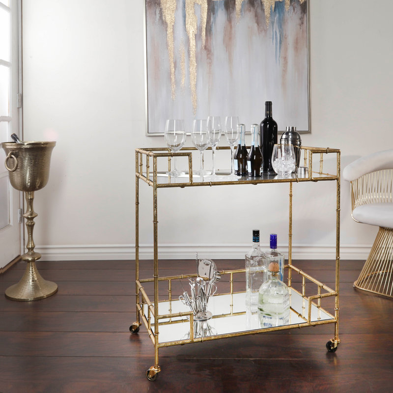 Craner Metal and Glass Two-Tier Bar Cart with Decorative Frame and Rolling Casters for Stylish Serving and Storage