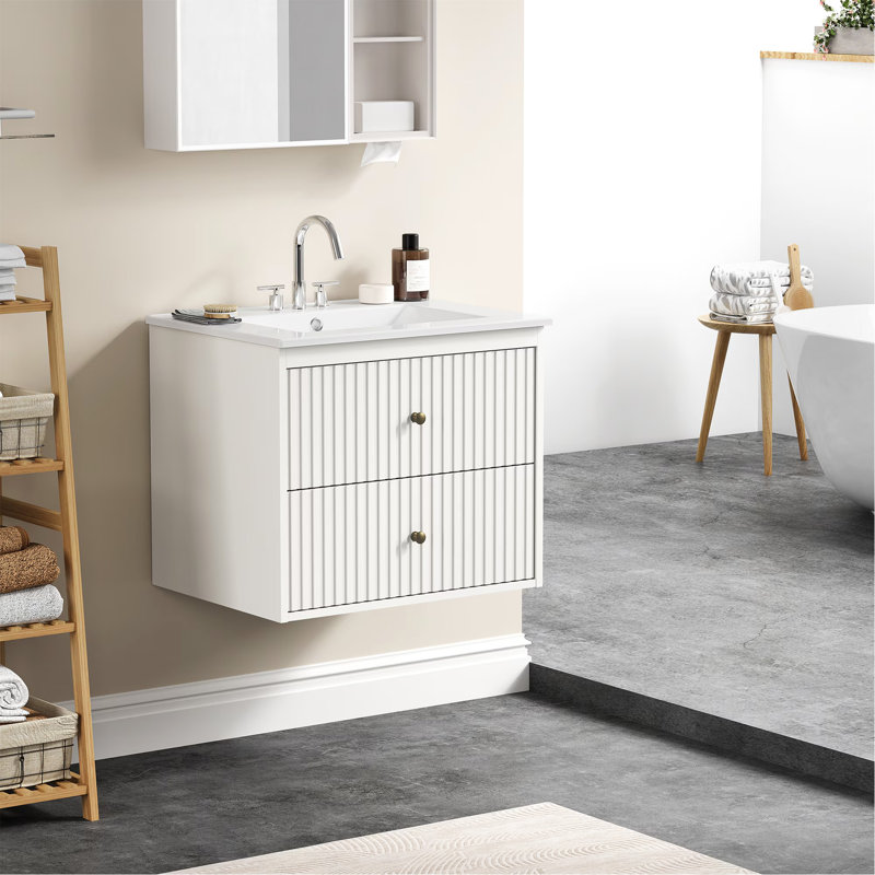 Ensemble de meuble-lavabo 24 po avec lavabo, armoire de rangement flottante avec portes et tiroirs, meuble-lavabo mural moderne avec surface peinte, blanc