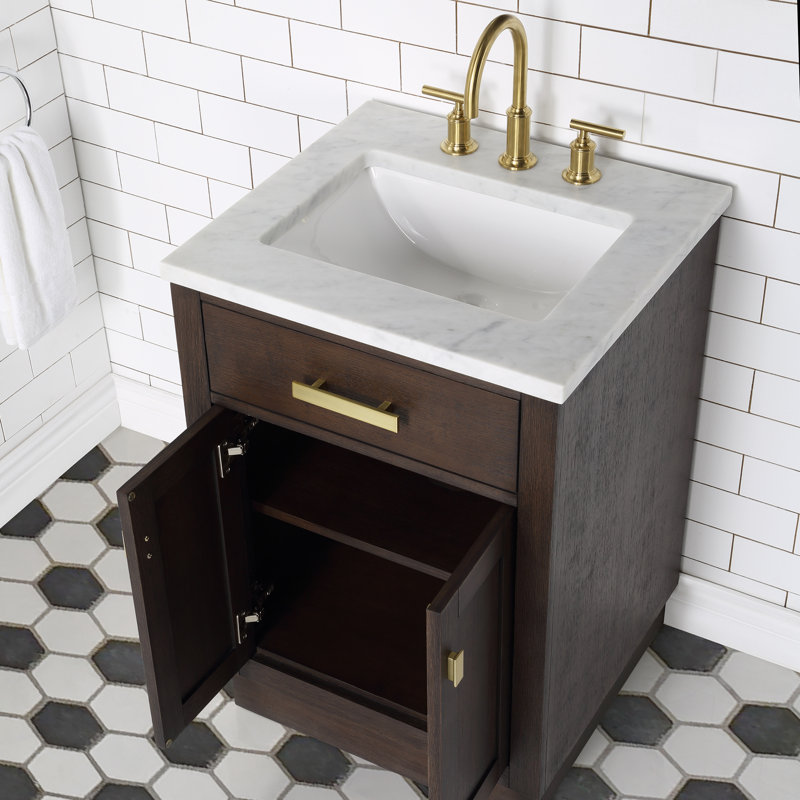 Chestnut 24" Carrara Marble Countertop Bath Vanity with Faucet, No, Brown Oak / Satin Gold