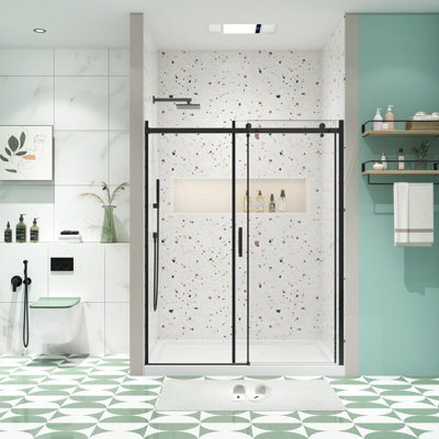 Porte de douche noire matte coulissante, verre trempé de 5/16 po, porte lisse lisse - noir mat, réglable pour mur irrégulier