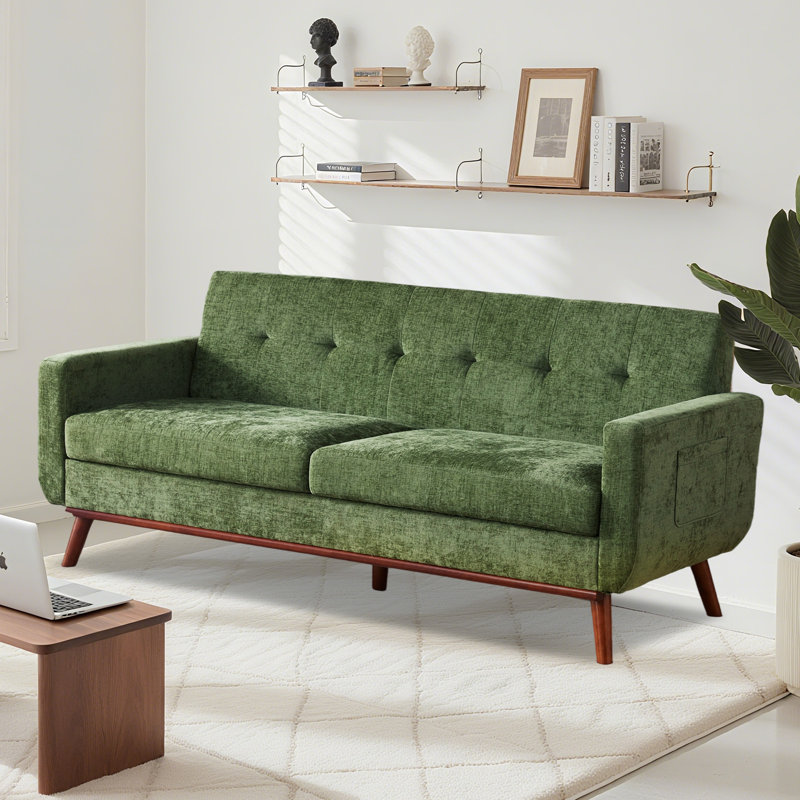 77" Mid-century Modern Sofa Olive Green Chenille Loveseat For Living Room