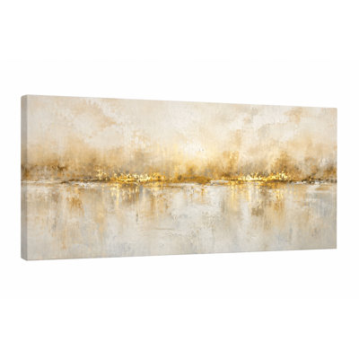 Golden Mist Abstract Landscape Canvas Wall Art, Beige Gray Neutral Horizon Painting, Wrapped Canvas Wall Decor